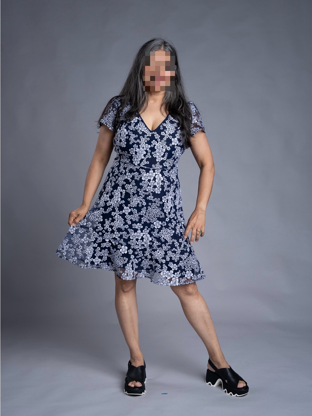 Michael Kors Navy Floral Fit-and-Flare V-Neck Dress